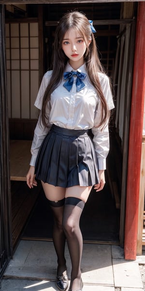 masterpiece, best quality, ultra realistic illustration, 16K, (HDR), high resolution, female_solo, (white long hair:1.3) , slender hot body proportion , looking at viewer,dynamic lips, 1 Japanese girl with blue eyes ,  (wearing beautiful long white school uniform shirt ,bow tie,pleated black short skirt,high leg stockings:1.1), cowboy shot, ( legs apart,showing black underwear) , (highly detailed background of ancient Japan buildings), add More Detail, Color magic,perfect fingers, girl,  jp_school_uniform