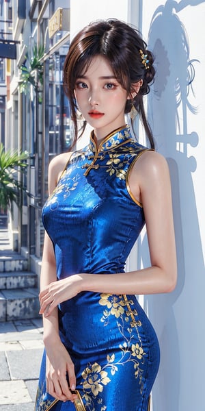 (best quality, masterpiece:1.2),ultra detailed,(photo realistic:1.4),blue_china_dress,twin half updo,bangs,pretty face,looking at viewer,dynamic pose,standing,cowboy shot:1.3