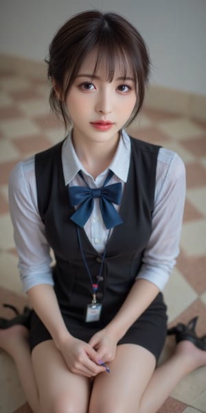 A professional woman, sporting short brown hair with bangs, sits solo on a tile floor, her focus directed at the viewer. She wears a striped collared shirt, black vest, and pencil skirt, paired with high heels and a blue bowtie. Her brown eyes sparkle, parted lips subtle, as she holds a pen and an ID card, lanyard around her neck. The checkered floor provides a textured backdrop to this office lady's pose, captured in a full-body shot.