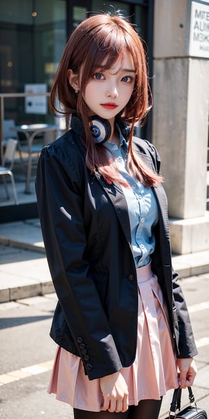 masterpiece, best quality, highres, nm1,dark pink hair, headphones around neck, school uniform:1.2,blazer, long sleeves, blue cardigan, green skirt:1.3, pantyhose, black jacket, open jacket, , cowboy shot, standing,cowboy shot:1.3