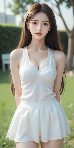 A young woman with long, brown hair stands confidently in a cowboy-shot composition, looking directly at the viewer with a warm smile. Her bright brown eyes sparkle beneath the sunlight, which casts a gentle glow on her sleeveless tennis uniform and white skirt. Her arms are relaxed behind her back, emphasizing her toned physique. The scene is set against a backdrop of lush greenery and a distant building, with a tree providing subtle depth. Her full lips curve upwards, inviting the viewer to engage with her.