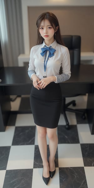 A stunning solo figure of a young woman, standing tall with her brown hair and bangs framing her heart-shaped face. Her bright brown eyes lock onto the viewer's gaze, as she holds a pen and stands before a sleek black desk on a checkered tile floor. She wears a crisp white collared shirt with striped sleeves, a blue bowtie wrapped neatly around her neck, and a fitted black pencil skirt that showcases her high heels. A subtle smile plays on her parted lips, as she confidently sits in the chair, her hands grasping the pen and lanyard. The overall effect is one of polished professionalism, exuding an air of confidence and poise.