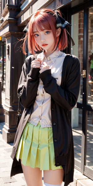 masterpiece, best quality, highres, nn1, 1girl, hair ribbon, pink hair,short hair, , green skirt, white shirt, black cardigan, open clothes, white thighhighs, long sleeves, looking at viewer,open lips, standing, cowboy shot:1.3,Bomi