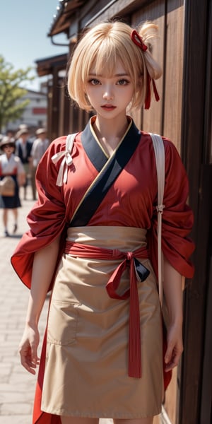 masterpiece, best quality, highres, aachisato,blond hair, aachisato, short hair, hair ribbon, japanese clothes, (red kimono:1.2), sash, (brown apron:1.2),dynamic pose, cowboy shot, outdoors, open lips,