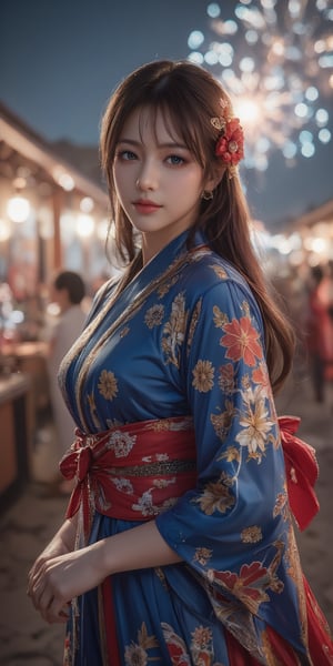 A stunning masterpiece! A 20-year-old Japanese idol stands solo, radiating beauty. She wears a blue yukata with intricate yellow flower patterns and a striking red belt. Her oval face shines with a pretty smile, long eyelashes framing her detailed brown eyes. Open lips invite the viewer in as she gazes directly. Her curvy body is toned to perfection, accentuated by huroglass curves. Perfect hands hold a red flower hair accessory, amidst blunt bangs and a half-updo. Against a vibrant summer festival backdrop, Japanese stalls and revelers dance under warm lighting from the stalls. Fireworks explode in the night sky, casting a cinematic glow as she poses attractively, her blue yukata fluttering with a sense of dynamism.