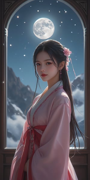 masterpiece,best quality,realistic photo,raw photo,full moon on the beautiful night star sky,moonlighting,1girl,solo,wearing pink style hanfu,looking at viewer,smile face,slight open mouth,ancient chinese hair style,black hair,brown eyes,pretty face,long eyelash,double eyelied,open lips,indoor,ancient chinese room,big window can see ouside sky with moon,she standing closed to the window,detiled room design,cowboy shot:1.3