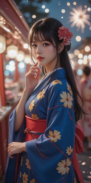 masterpiece,best quality,1 girl,20 years old,solo,wearing blue Yukata with red yukata belt,detailed yellow flower pattern on blue yukata,pretty face,oval face,japan idol face,long eyelash,double eyelid,fair skin,detailded brown eyes,open lips,looking at viewer,huroglass body,curvy body,perfect body Proportion,perfect hands,perfect fingers,right hands petting  her face,blunt bangs,half updo,red flower hair accessories,at night,shot in Summer Festival in Japan,lots of Japanese stalls in the summer festival,lots of janpanese wearing yukata enjoy summer festival in background,fireworks on the night sky,warming lighting come from Japanese stalls,cinematic lighting,dynamatic lighting,attractive standing pose,