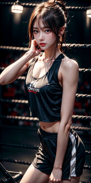Extreme close-up: stunning young woman's intense gaze dominates the frame within a dimly lit boxing ring. Sweat-glistened features stand out against darkness, toned physique accentuated by sleek black tank top and shorts. Glistening sweat highlights every muscle definition as she practices jabs and hooks with determined focus. Dimly lit surroundings amplify concentrated expression amidst focused workout atmosphere.,Bomi