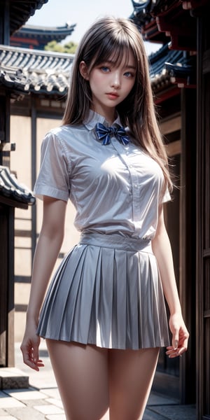 masterpiece, best quality, ultra realistic illustration, 16K, (HDR), high resolution, female_solo, (white long hair:1.3) , slender hot body proportion , looking at viewer,dynamic lips, 1 Japanese girl with blue eyes ,  (wearing beautiful long white school uniform shirt ,bow tie,pleated black short skirt,stocking:1.1), cowboy shot, (highly detailed background of ancient Japan buildings), add More Detail, Color magic,perfect fingers, girl,  jp_school_uniform,Bomi,chinatsumura
