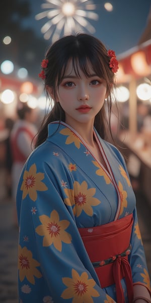 masterpiece,best quality,1 girl,20 years old,solo,wearing blue Yukata with red yukata belt,detailed yellow flower pattern on blue yukata,pretty face,oval face,japan idol face,long eyelash,double eyelid,fair skin,detailded brown eyes,open lips,looking at viewer,huroglass body,curvy body,perfect body Proportion,perfect hands,perfect fingers,right hands tidy her hair,blunt bangs,half updo,red flower hair accessories,at night,shot in Summer Festival in Japan,lots of Japanese stalls in the summer festival,lots of janpanese wearing yukata enjoy summer festival in background,fireworks on the night sky,warming lighting come from Japanese stalls,cinematic lighting,dynamatic lighting,attractive standing pose,