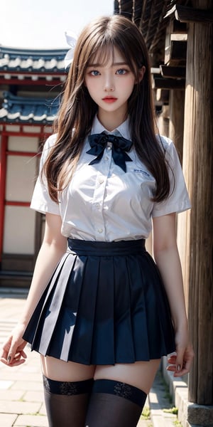masterpiece, best quality, ultra realistic illustration, 16K, (HDR), high resolution, female_solo, (white long hair:1.3) , slender hot body proportion , looking at viewer,dynamic lips, 1 Japanese girl with blue eyes ,  (wearing beautiful long white school uniform shirt ,bow tie,pleated black short skirt,stocking:1.1), cowboy shot, (highly detailed background of ancient Japan buildings), add More Detail, Color magic,perfect fingers, girl,  jp_school_uniform