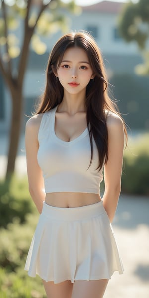 A young woman with long, brown hair stands confidently in a cowboy-shot composition, looking directly at the viewer with a warm smile. Her bright brown eyes sparkle beneath the sunlight, which casts a gentle glow on her sleeveless tennis uniform and white skirt. Her arms are relaxed behind her back, emphasizing her toned physique. The scene is set against a backdrop of lush greenery and a distant building, with a tree providing subtle depth. Her full lips curve upwards, inviting the viewer to engage with her.