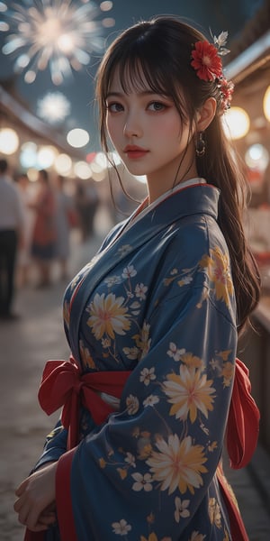 masterpiece,best quality,1 girl,20 years old,solo,wearing blue Yukata with red yukata belt,detailed yellow flower pattern on blue yukata,pretty face,oval face,japan idol face,long eyelash,double eyelid,fair skin,detailded brown eyes,open lips,looking at viewer,huroglass body,curvy body,perfect body Proportion,perfect hands,perfect fingers,right hands tidy her hair,blunt bangs,half updo,red flower hair accessories,at night,shot in Summer Festival in Japan,lots of Japanese stalls in the summer festival,lots of janpanese wearing yukata enjoy summer festival in background,fireworks on the night sky,warming lighting come from Japanese stalls,cinematic lighting,dynamatic lighting,attractive standing pose,