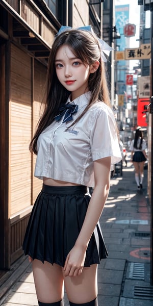 masterpiece, best quality, ultra realistic illustration, 16K, (HDR), high resolution, female_solo, (white long hair:1.3) , slender hot body proportion , smiling at viewer, 1 Japanese girl with blue eyes ,  (wearing beautiful long white school uniform shirt+loose cropped haori +bow tie+pleated black short skirt+stockings skirt:1.1), cowboy shot, ( legs apart+showing black underwear) , (highly detailed background of ancient Japan buildings with cyberpunk style+neon lights:1.0), add More Detail, Color magic,perfect fingers, girl,  jp_school_uniform