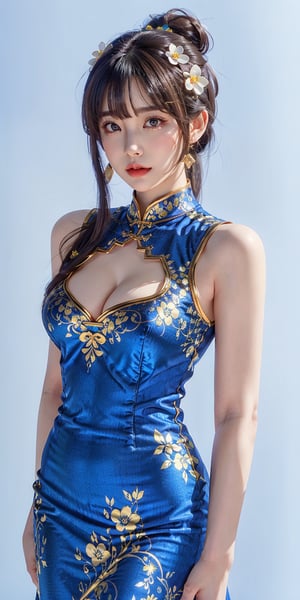 (best quality, masterpiece:1.2),ultra detailed,(photo realistic:1.4),blue_china_dress,twin half updo,bangs,pretty face,looking at viewer,dynamic pose,standing,bare sgoulder,show cleavage,simple white background,cowboy shot:1.3