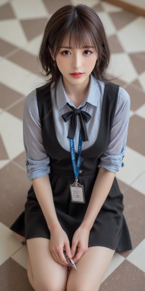 A professional woman, sporting short brown hair with bangs, sits solo on a tile floor, her focus directed at the viewer. She wears a striped collared shirt, black vest, and pencil skirt, paired with high heels and a blue bowtie. Her brown eyes sparkle, parted lips subtle, as she holds a pen and an ID card, lanyard around her neck. The checkered floor provides a textured backdrop to this office lady's pose, captured in a full-body shot.