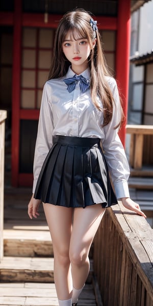 masterpiece, best quality, ultra realistic illustration, 16K, (HDR), high resolution, female_solo, (white long hair:1.3) , slender hot body proportion , looking at viewer,dynamic lips, 1 Japanese girl with blue eyes ,  (wearing beautiful long white school uniform shirt ,bow tie,pleated black short skirt,stocking:1.1), cowboy shot, ( legs apart,showing black underwear) , (highly detailed background of ancient Japan buildings), add More Detail, Color magic,perfect fingers, girl,  jp_school_uniform