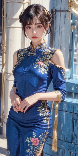 (best quality, masterpiece:1.2),ultra detailed,(photo realistic:1.4),blue_china_dress,twin half updo,bangs,pretty face,looking at viewer,dynamic pose,standing,cowboy shot:1.3