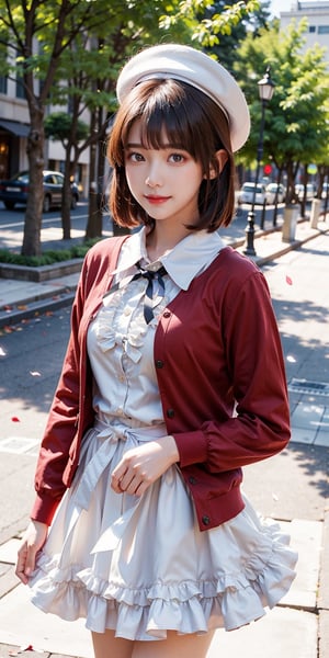 masterpiece, best quality, highres, aamegumi, short hair, beret, white headwear, neck ribbon, frills, white dress, red cardigan, open clothes, long sleeves, white bow, , standing, cowboy shot, outdoors, smile, petals,Bomi