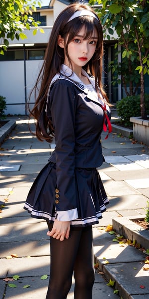 masterpiece, best quality, highres, aautaha, long hair, black hair, hairband, school uniform, sailor collar, blue blazer, long sleeves, pleated skirt, blue skirt, black pantyhose, , standing, cowboy shot, outdoors,cowboy shot:1.3