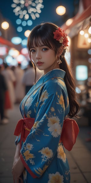 masterpiece,best quality,1 girl,20 years old,solo,wearing blue Yukata with red yukata belt,detailed yellow flower pattern on blue yukata,pretty face,oval face,japan idol face,long eyelash,double eyelid,fair skin,detailded brown eyes,open lips,looking at viewer,huroglass body,curvy body,perfect body Proportion,perfect hands,perfect fingers,right hands tidy her hair,blunt bangs,half updo,red flower hair accessories,at night,shot in Summer Festival in Japan,lots of Japanese stalls in the summer festival,lots of janpanese wearing yukata enjoy summer festival in background,fireworks on the night sky,warming lighting come from Japanese stalls,cinematic lighting,dynamatic lighting,attractive standing pose,