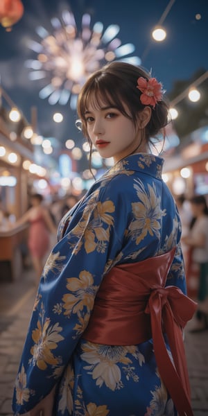 A stunning masterpiece! A 20-year-old Japanese idol stands solo, radiating beauty. She wears a blue yukata with intricate yellow flower patterns and a striking red belt. Her oval face shines with a pretty smile, long eyelashes framing her detailed brown eyes. Open lips invite the viewer in as she gazes directly. Her curvy body is toned to perfection, accentuated by huroglass curves. Perfect hands hold a red flower hair accessory, amidst blunt bangs and a half-updo. Against a vibrant summer festival backdrop, Japanese stalls and revelers dance under warm lighting from the stalls. Fireworks explode in the night sky, casting a cinematic glow as she poses attractively, her blue yukata fluttering with a sense of dynamism.