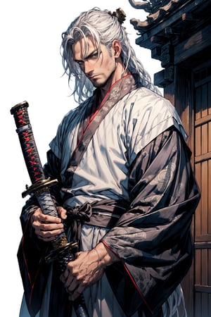 3/4_BODY of an ADULT MALE SAMURAI, (LONG_WHITE_HAIR_MALE:1.5) PERFECT HANDS HOLDING A KATANA (DETAILED TRADITIPNAL KATANA_SWORD:1.5), standing the top of a mountain and gazing far away, detailed eyes, best quality, masterpiece, beautiful and aesthetic, 16K, (HDR:1.4), high contrast, (vibrant color:0.5), (tmasterpiece, best:1.2), gorgeous perfect symmetrical eyes, tired face, far_away_gaze, (wears detailed TRADITIONAL HANFU:1.5), intricate detailing, finely eye and detailed face, Perfect eyes, Equal eyes, Fantastic lights and shadows、white background、 Uses backlight and rim light, huoshen, simple white BACKGROUND, More Detail, zhurongshi, breakdomain, , Niji style,nodf_lora