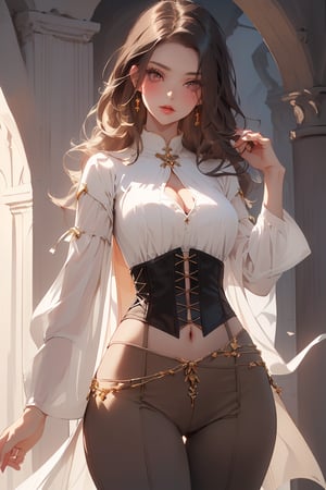 Ultra-realistic (intimidating woman with jet black hair and redish brown eyes:1.4) ((WAVY RICH BROWN HAIR:1.6) a wildly unkempt hair with long bangs. ((juicy lips)) (((DANCING POSE)))((adventurer_fantasy_outfit:1.7)) (simple brown pants:1.7)((long_sleeved_white_medieval_blouse:1.7)) ((suede_corset:1.5)),  full body, seductive dynamic pose, goldbrown_eyes, seductive_longful_face, (perfect massive medium breasts)), dynamic angle, (detailed autentic WHITE  fantasy_castle background:1.5), masterpiece, , (seductive sexy woman thin hips big thighs, highres, sharp focus, beautiful detailed hair, delicate details, , red glowing eyes, thick thighs shadow over face, (masterpiece, best quality, absurdres, keyvisual, caustics, cinematic lighting), (vibrant color:1.4) deeply influenced by Luis Royo and Gustave Moreau, showcases her hourglass figure and loveful seducting gaze, lustful longing face. Her eyes are slightly open, emitting a innocent gaze. The scene is rendered with exquisite texture detailing, HDR effect, and high contrast against muted, dark colors. Thigh gap. long black hair, seductive look, sexy eyes, , juicy lips, Long Eyelashes, Hourglass body, thin waist, (thin hips:1.5), (seductive_inviting_pose:1.5), sweets poses, 16K, UHD,More Detail,beautyniji,color,sweetlolita ,voldress,Chinese weddingdress,ruanyi0113,adress2,floral_see_through_dress,fodress,edgRenaissance,aamahiro,fairy,st1,animeniji,midjourney portrait,Fantasy,2d_artwork,fantasy_game_character,Btflyhaircut
Negative prompt
EasyNegative assymetric_eyes,l,gem, NJI BEAUTY,niji,