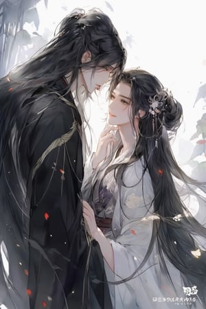 (MALE-FEMALE_COUPLE:1.5)(extreamly delicate and beautiful:1.2), 8K, (tmasterpiece, best:1.2), (WHITE CLEAR BACKGROUND:1.5), (LONG_HAIR_COUPLE:1.5), Upper body, a long_haired male with gorgeous girl, cool and seductive,  (wears white hanfu:1.2),  and intricate detailing, finely eye and detailed face, Perfect eyes, Equal eyes, Fantastic lights and shadows、white room background、( Uses BOY+backlight and rim light, man,holding a GIRL) Handsome Thai Men, gorgeous_face,Handsome Thai Men,gufeng,watercolor,1guy,1boy,1girl,huyefo,watercolor \(medium\)