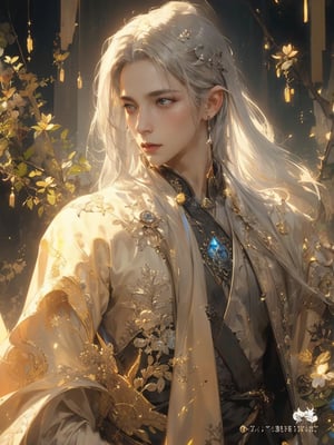 (((MALE:1.5))) Insanely cinematic filigree photography of a mystic pale male noble LORD, detailed masculine face, hyperdetailed perfect eyes, long white_hair, detailed perfect_symetrical_eyes, silver_ornated_fantasy_robe:: SILVER_concept intricate and hyperdetailed painting by Huang Guangjian Eve Ventrue Simon Goinard Ismail Inceoglu Dan Witz beauty, FANTASY CONCEPT ART:: ,li_shang,1boy