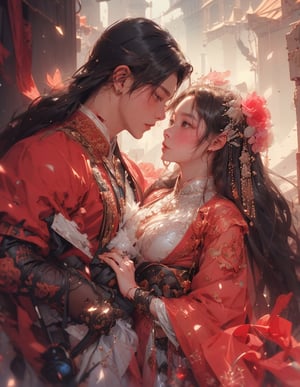 (((MALE-FEMALE_COUPLE:1.5))) Insanely cinematic filigree half body photography of a mystic pale couple, detailed male-female_couple, hyperdetailed perfect face, long white_hair, detailed perfect_symetrical_eyes, silver_ornated_fantasy_robe:: SILVER_concept intricate and hyperdetailed painting by Huang Guangjian Eve Ventrue Simon Goinard Ismail Inceoglu Dan Witz beauty, FANTASY CONCEPT ART:: 