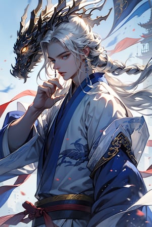 (extreamly delicate and beautiful:1.2), 8K, (tmasterpiece, best:1.0), , (LONG_SILVER_HAIR_MALE:1.5), Upper body, a long_haired male, cool and seductive, evil_gaze, (wears white hanfu:1.2), and intricate detailing, and intricate detailing, finely eye and detailed face, Perfect eyes, Equal eyes, Fantastic lights and shadows、Wide shot, full body portrait, photorealistic of ((MALE:1.5)) Fantasy ancient_YOUNG_chinese_LORD performing_martial_art_practice_movements, dynamic_motions fighting_pose, elaborate_hanfu, long-long_dark_neit_hair, Uses backlight and rim light, ,gufeng,midjourney portrait,beautyniji