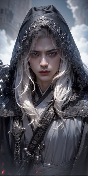 (WHITE_HAIRED_MALE_WARRIOR:1.5), best quality, masterpiece, beautiful and aesthetic, 16K, (HDR:1.4), high contrast, (vibrant color:0.5), (muted colors, dim colors, soothing tones:1.3), Exquisite details and textures, cinematic shot, Cold tone, (Dark and intense:1.2), wide shot, ultra realistic illustration, siena natural ratio, Art by Luis Royo and Gustave Moreau, (MARTIAL ART POSE:1.4)
(extreamly delicate and beautiful:1.2), 8K, (tmasterpiece, best:1.2), (LONG_WHITE_HAIR_MALE:1.5), (PERFECT SYMMETRICAL BLUE EYES:1.3), a long_haired masculine male, cool and determined, evil_gaze, (wears black and white hanfu:1.2), (holding sword figthing_attacking pose:1.5) and intricate detailing, finely eye and detailed face, Perfect eyes, Equal eyes, Fantastic lights and shadows、finely detail,Depth of field,,cumulus,wind,insanely NIGHT SKY,very long hair,Slightly open mouth, long SILVER-WHITE hair,slender waist,,Depth of field, angle ,contour deepening,cinematic angle ,Enhance,martial