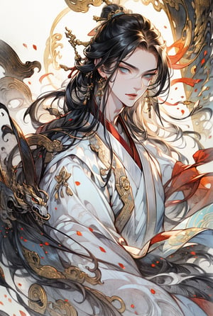 (extreamly delicate and beautiful:1.2), 8K, (tmasterpiece, best:1.0), , (LONG_HAIR_MALE:1.5), Upper body, a long_haired male, cool and seductive, evil_gaze, (wears white hanfu:1.2), and intricate detailing, and intricate detailing, finely eye and detailed face, Perfect eyes, Equal eyes, Fantastic lights and shadows、Wide shot, full body portrait, photorealistic of ((MALE:1.5)) Fantasy ancient_YOUNG_chinese_LORD performing_martial_art_practice_movements, dynamic_motions fighting_pose, elaborate_hanfu, long-long_dark_neit_hair, Uses backlight and rim light, ,gufeng,midjourney portrait