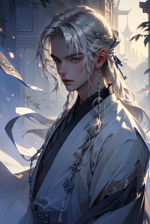 (extreamly delicate and beautiful:1.2), 8K, (tmasterpiece, best:1.0), , (LONG_SILVER_HAIR_MALE:1.5), Upper body, a long_haired male, cool and seductive, evil_gaze, (wears white hanfu:1.2), and intricate detailing, and intricate detailing, finely eye and detailed face, Perfect eyes, Equal eyes, Fantastic lights and shadows、Wide shot, full body portrait, photorealistic of ((MALE:1.5)) Fantasy ancient_YOUNG_chinese_LORD performing_martial_art_practice_movements, dynamic_motions fighting_pose, elaborate_hanfu, long-long_dark_neit_hair, Uses backlight and rim light, ,gufeng,midjourney portrait,beautyniji