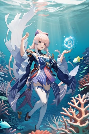 Kokomi from Genshin Impact holding Hydro magic orb, underwater, under the ocean, coral reef, fish, white stockings, long hair, 