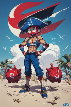 masterpiece,best quality,solo,bare arms,outdoors,blue sky,standing,hand on hip,cleavage cutout,golden armor,helmet,bangs,blue eyes,red hair,High detailed,EpicLogo,1 man,1 boy,muscles,athletic man,athletic boy,shirtless,robot,pirate hat