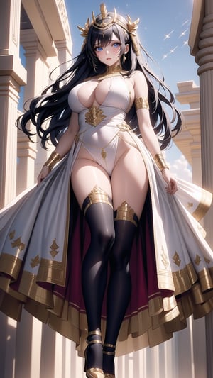  1woman, egyptian woman, Pretty Missy, small breasts, Small tits,  Long Curly Hair, Blue Eyes, Long Heeled, (gold stockings), Jewelry and Jewel, Floating Silk Ribbon, Masterpiece, High Detail, Bulky Lighting, egyptian temple, silk costume,