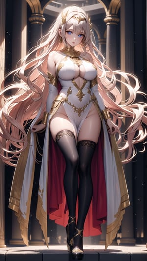  1woman, egyptian woman, Pretty Missy, small breasts, Small tits,  Long Curly Hair, Blue Eyes, Long Heeled, (gold stockings), Jewelry and Jewel, Floating Silk Ribbon, Masterpiece, High Detail, Bulky Lighting, egyptian temple, silk costume,