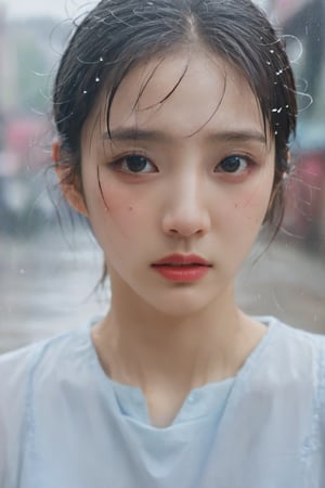 1 girl,xxmixgirl,cry,tear,feeling sad,stands in the rain,see through,her tears mingling with the falling raindrops,masterpiece,best quality,detailed,Highest quality,portrait,FilmGirl,korean girl