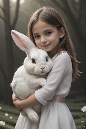 1girl, hugging a white rabbit,