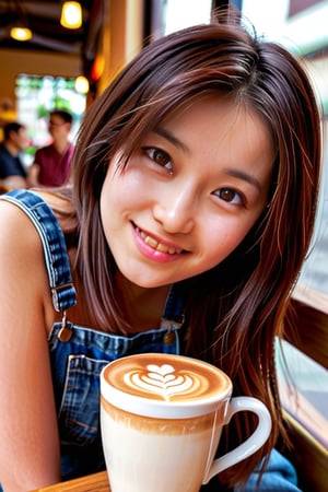  shiho, 1girl, "Create a charming image of a woman admiring the intricate latte art in her cup, appreciating the artistry and beauty. Frame the shot from a slightly elevated angle, capturing her from the waist up, with the cafe and latte art in focus. She can have a fascinated expression or a smile of appreciation, wearing a casual outfit that suits the cafe's atmosphere. The background can be a cozy cafe with warm lighting and soft ,bokeh, professional lighting,, [:"Coy and demure smile, lips nearly sealed. Eyes just a bit squinted, suggesting a touch of sensuality. Cheeks tinged with a delicate blush.":0.3]