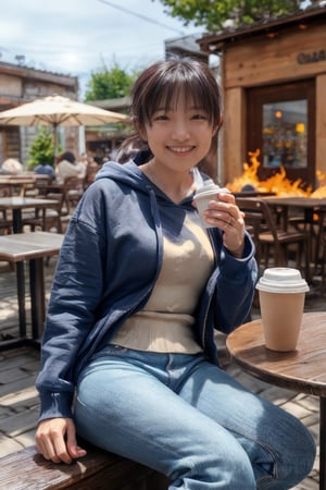 realistic photo of a woman, mikas
ultra detailed, 8k, hdr,
smile,
A woman is sitting at an open cafe on the side of a road in town, drinking coffee while feeling the light of the fire and the breeze.
Wearing distressed jeans and a hoodie