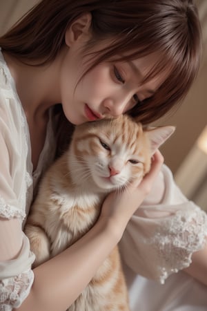 Mikas' serene slumber: A gentle woman dons a flowing nightgown, softly cradling her beloved feline companion as she drifts off to sleep. The tender hug between mistress and cat is captured in warm, golden lighting, with a subtle focus on the delicate details of their intertwined limbs.