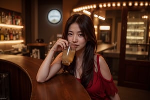 Photorealistic image of a woman enjoying a drink at a classic bar counter, warm ambient lighting, elegant outfit, vintage decor, rich wood textures, soft shadows, Canon EOS R5, relaxed expression, cozy atmosphere, detailed textures, commercial appeal.,shiho