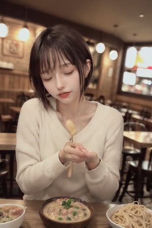 A warm glow emanates from the rustic wooden table as a youthful beauty savors each creamy bite of carbonara. Her eyes closed in delight, she tilts her head back, allowing the rich aroma to fill her senses. The soft focus highlights the golden tones of the pasta and the subtle sheen on her skin, as the dimly lit Italian restaurant provides a cozy backdrop for this intimate moment.mikas