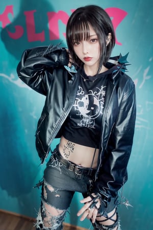 Glossy magazine cover, woman with short, spiky black hair, wearing a punk rock outfit with ripped jeans and a studded leather jacket, standing in front of a graffiti-covered wall, rebellious expression, edgy typography announcing magazine title and issue details, headlines about music, art, and counterculture,

mikas, magazine cover,