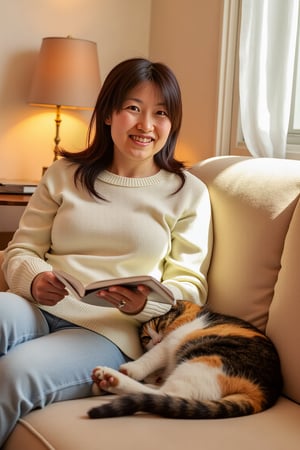 "A 27-year-old woman enjoying her hobby at home. She is sitting on a comfortable sofa, holding a book and smiling softly. Her calico cat is curled up beside her. The room is warm and cozy, with gentle afternoon sunlight streaming through the window, creating a peaceful atmosphere.", shiho,