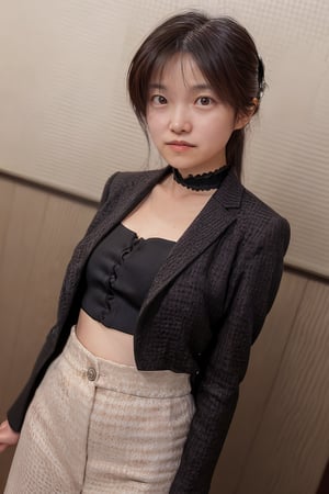 Shiho poses confidently in front of a richly textured, dark-colored wall, the bold houndstooth pattern on her tailored suit commanding attention. The camera frames her from the waist up, emphasizing her sophisticated attire and striking features. Soft, warm lighting accentuates the classic beauty of her face, while the subtle play of shadows adds depth to her strong jawline and piercing eyes.