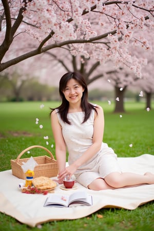 "A young woman, 27 years old, enjoying a picnic under a cherry blossom tree. She is wearing a light, floral dress, sitting on a blanket with a gentle smile. Around her are picnic items like a basket, snacks, and a book. Cherry blossoms are falling softly in the background, creating a dreamy and serene springtime atmosphere.", shiho,